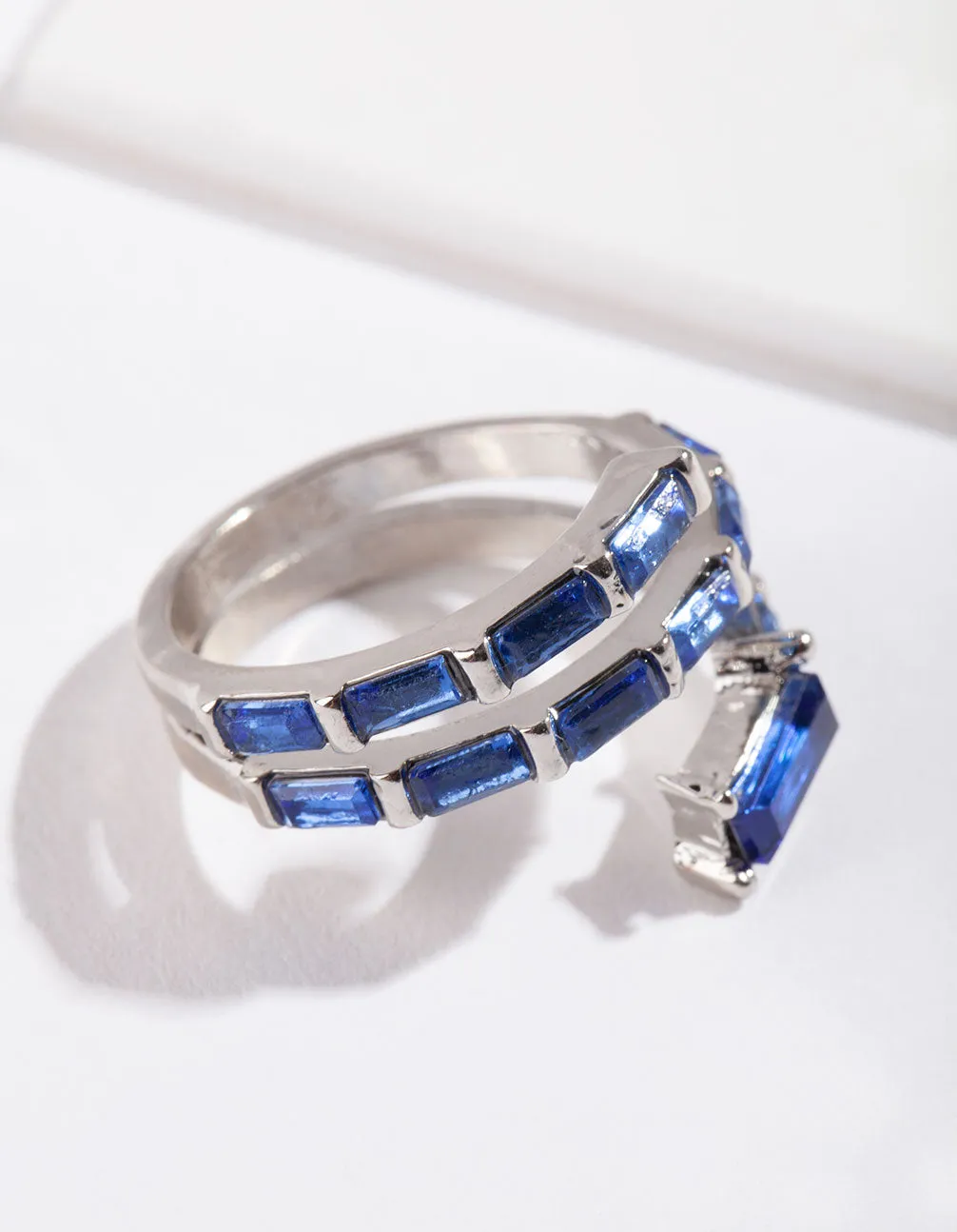 Rhodium Blue Gem Baguette Wrap Band Ring