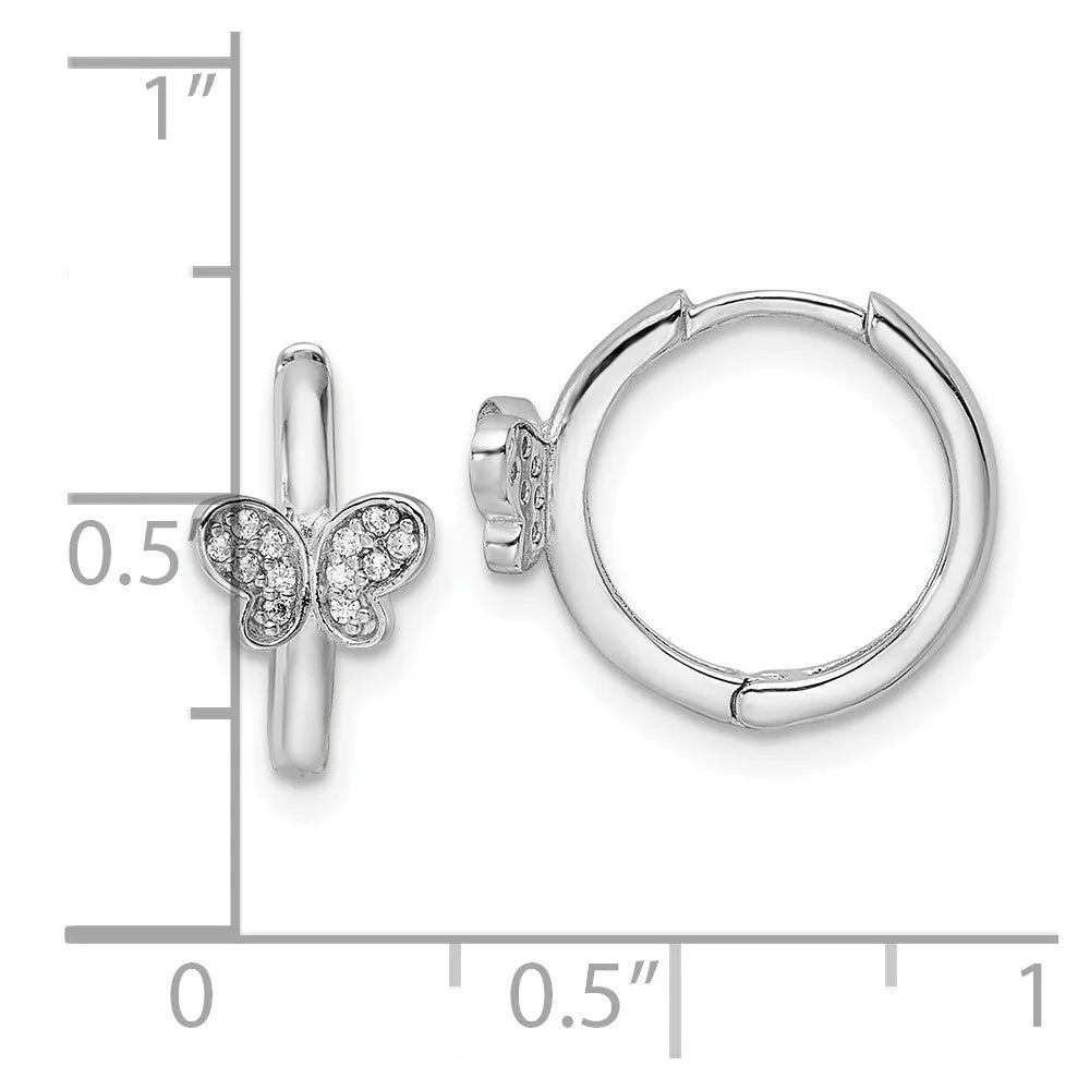 Rhodium-plated Sterling Silver Polished CZ Hinged Hoop Butterfly Earrings