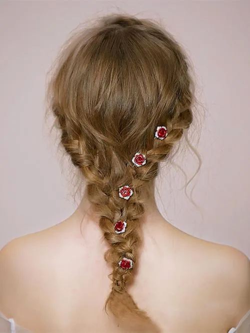 Romantic Red Rose Bridal Hairpins-One set of 8