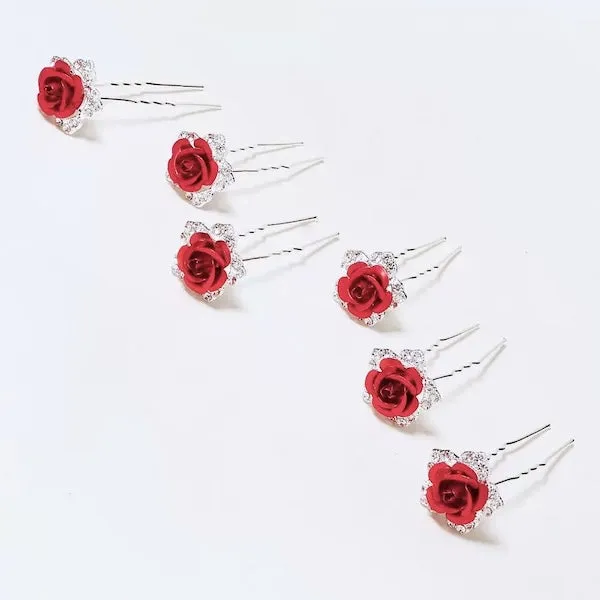 Romantic Red Rose Bridal Hairpins-One set of 8