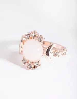 Rose Gold Vanilla Synthetic Opal Moon Diamante Ring