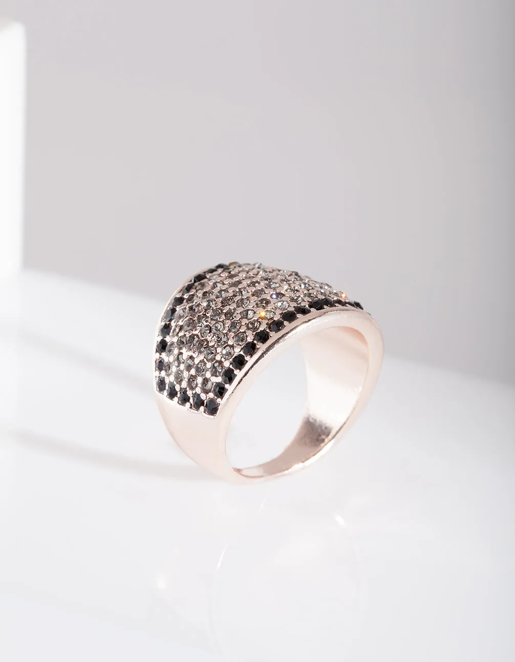 Rows of Black & Clear Diamante Rose Gold Ring