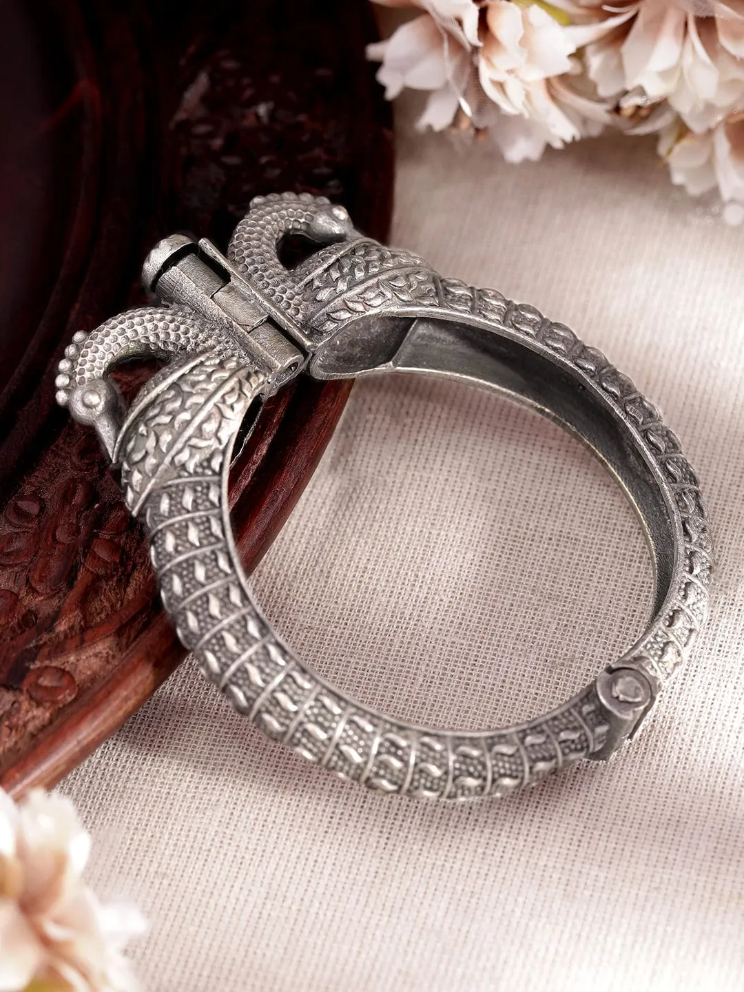 Rubans Majestic Peacock Oxidized Silver Plated Kada Bracelet