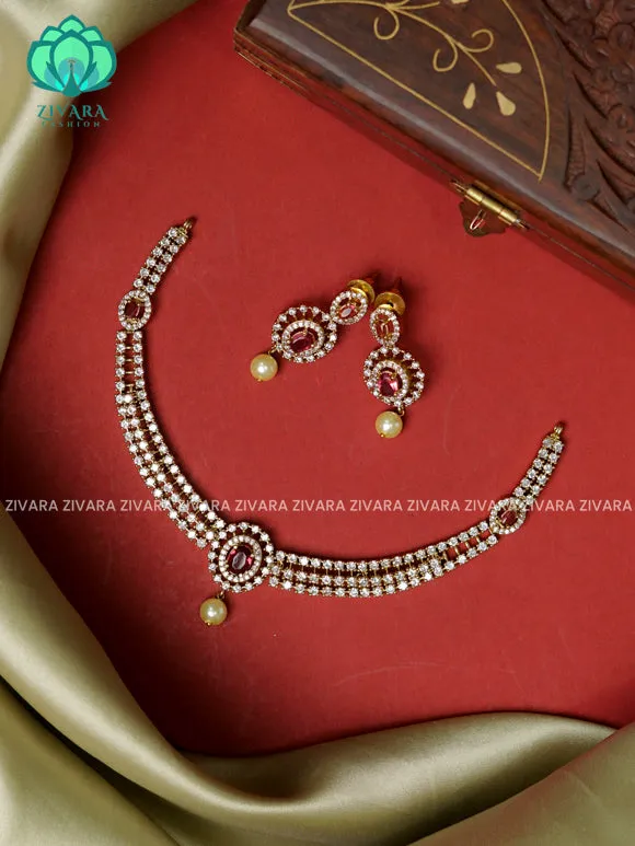 RUBY  DIAMOND LOOK ALIKE  - stylish and minimal elegant neckwear with earrings- Zivara Fashion