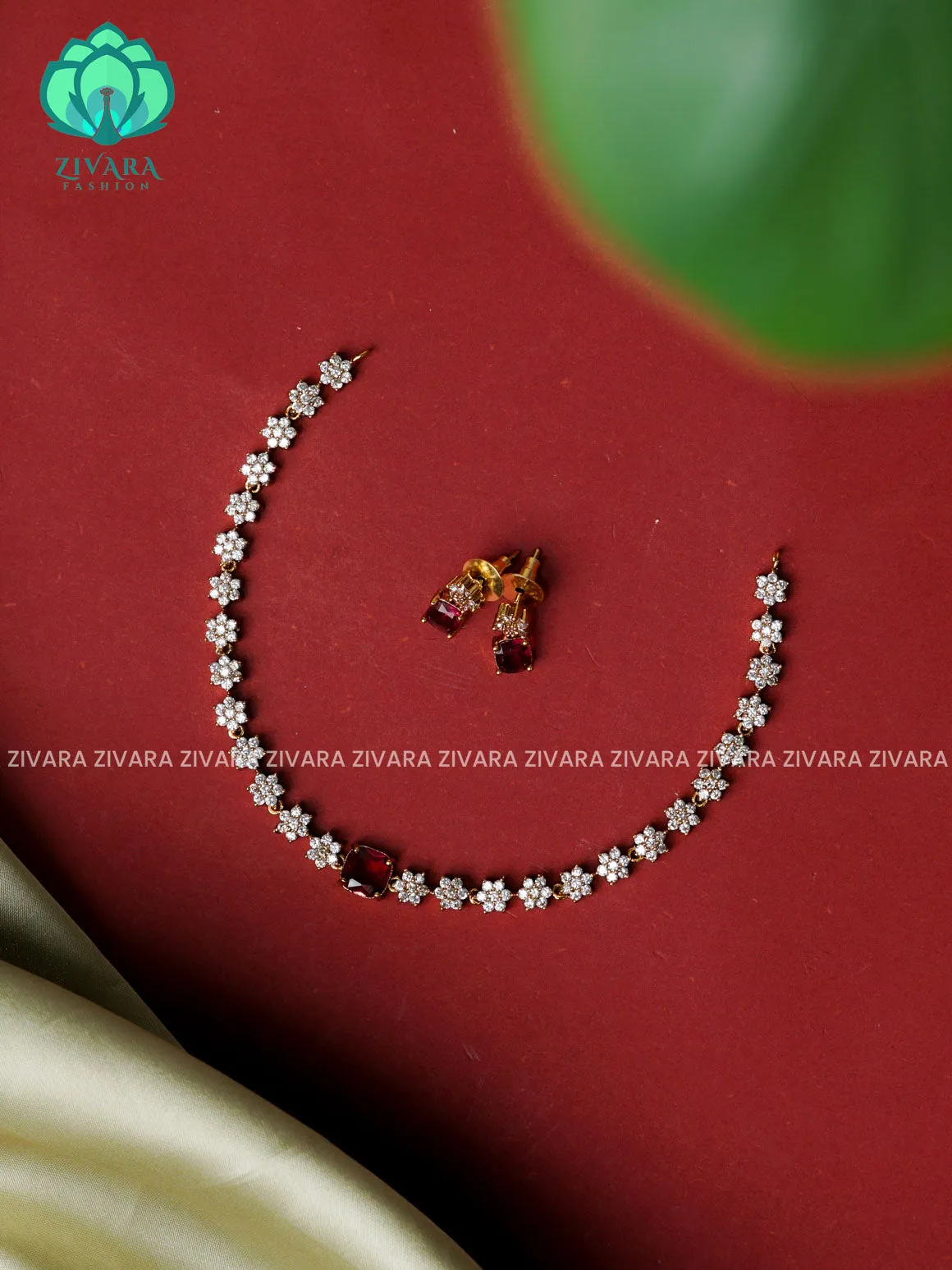 RUBY -SMALL SIZE WHITE STONE  - stylish and minimal elegant neckwear with earrings- Zivara Fashion