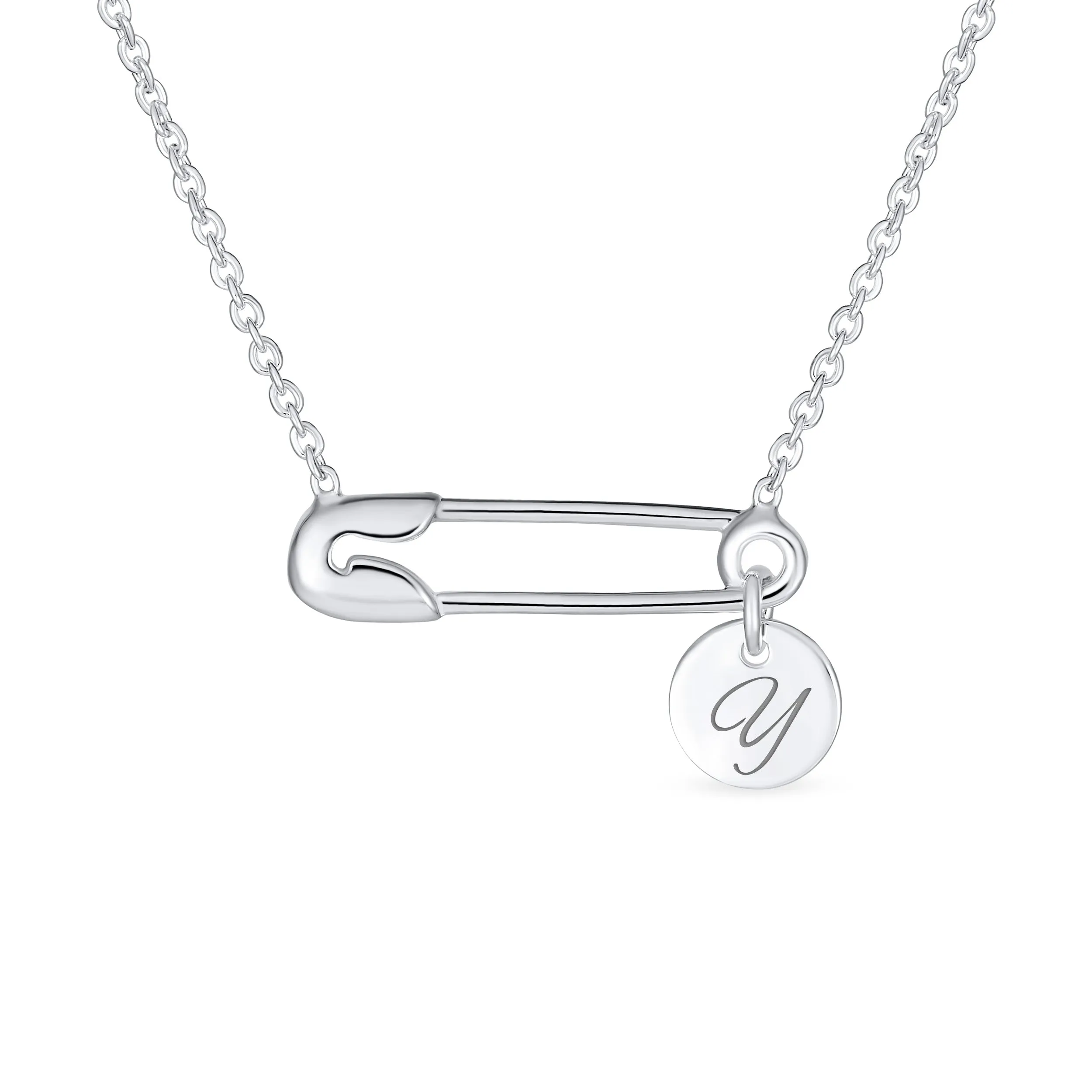 Script Alphabet A-Z Solidarity Pendant Necklace Sterling Silver Safety Pin Design