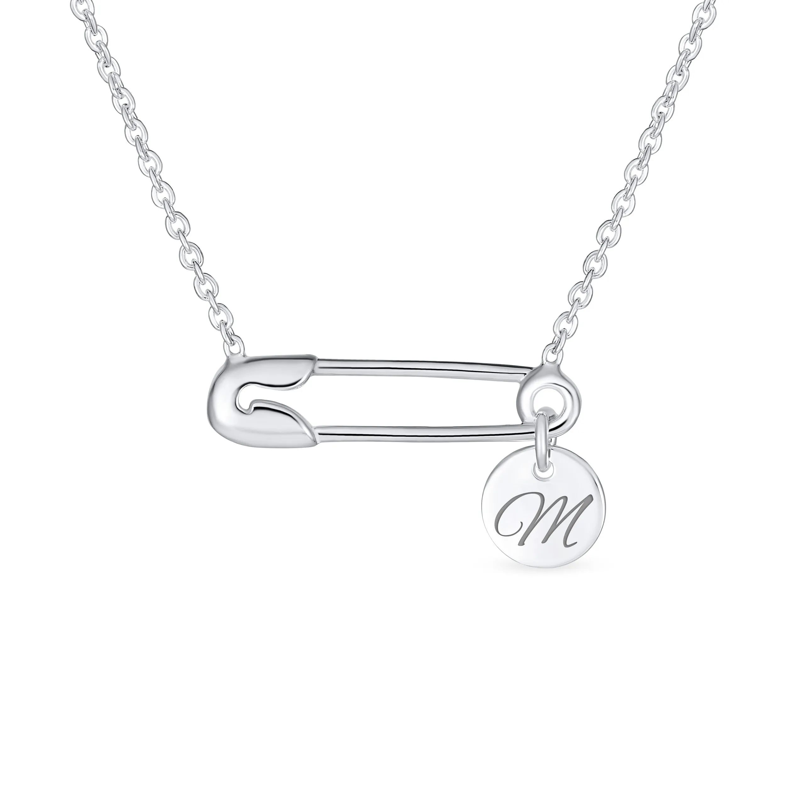 Script Alphabet A-Z Solidarity Pendant Necklace Sterling Silver Safety Pin Design