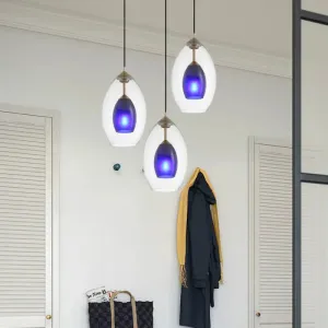 Simple 3-Light Oval Clear and Blue Multi Pendant Chandelier: White Ceiling Lamp