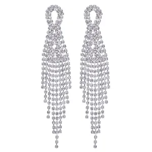 Sparkling Bridal Wedding Party Prom Rhinestone Tassel Long Dangle Drop Large Statement Earrings