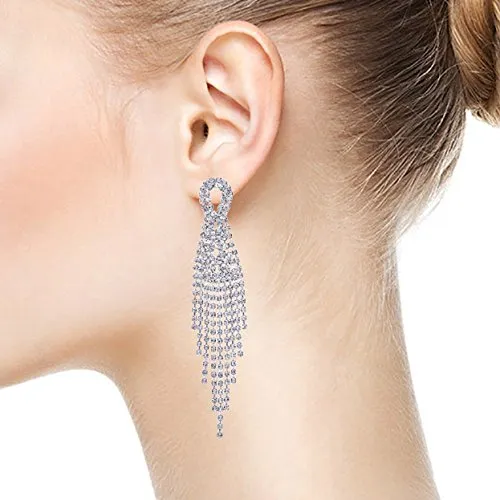 Sparkling Bridal Wedding Party Prom Rhinestone Tassel Long Dangle Drop Large Statement Earrings