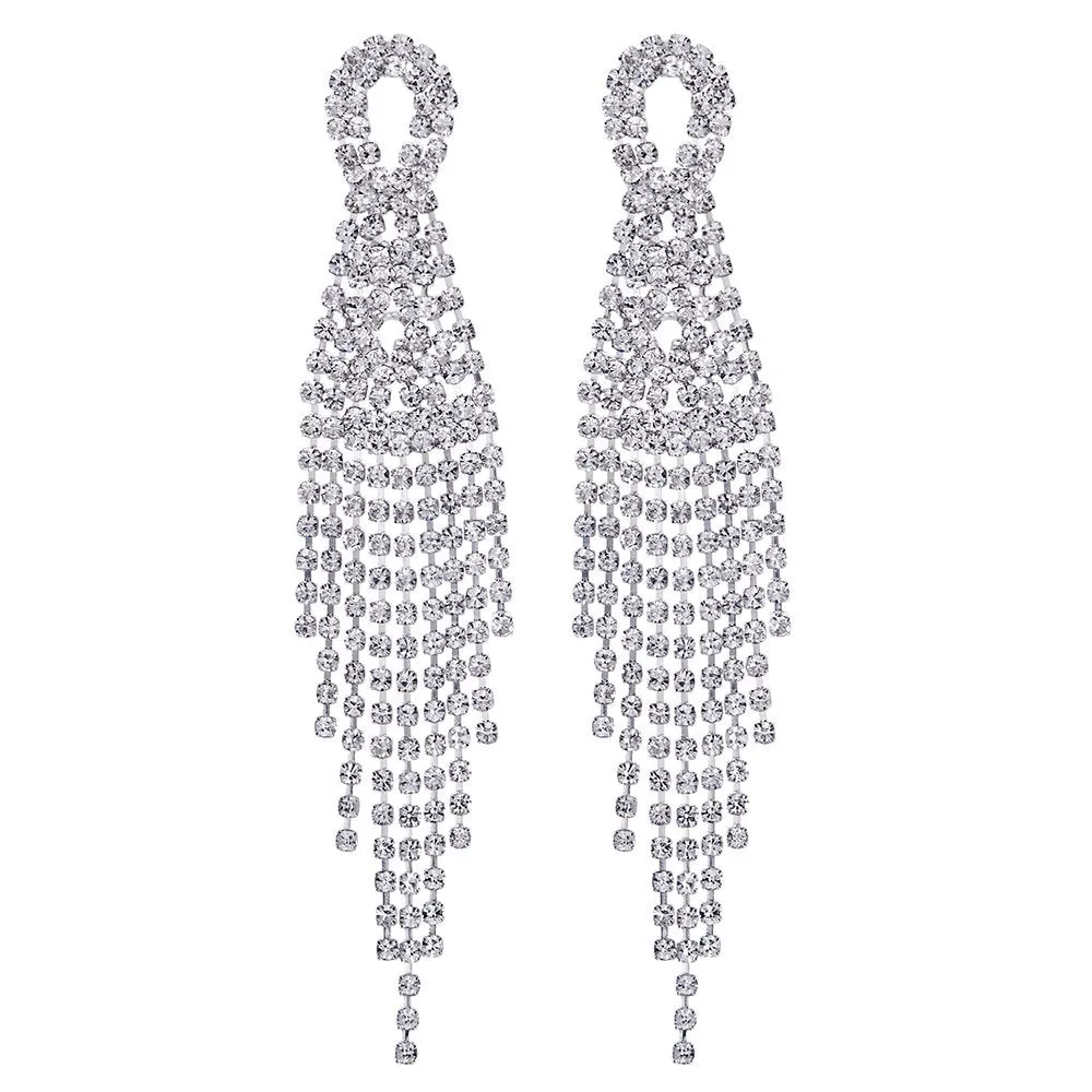 Sparkling Bridal Wedding Party Prom Rhinestone Tassel Long Dangle Drop Large Statement Earrings