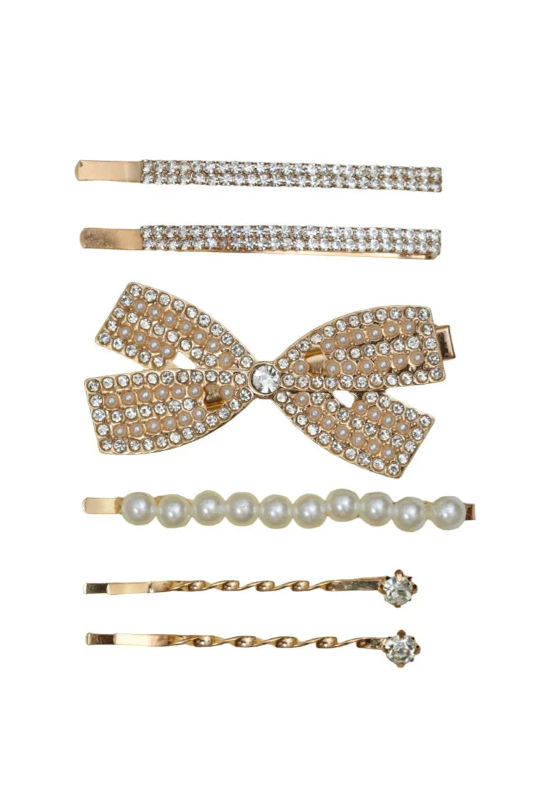 Sparkling Elegance: Rhinestone Bow and Pearl Hair Clip Set-Pack of 6,  Golden and White