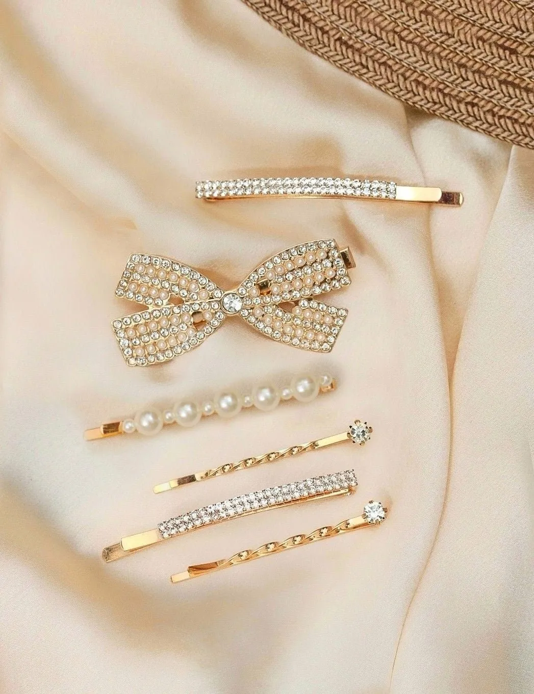 Sparkling Elegance: Rhinestone Bow and Pearl Hair Clip Set-Pack of 6,  Golden and White