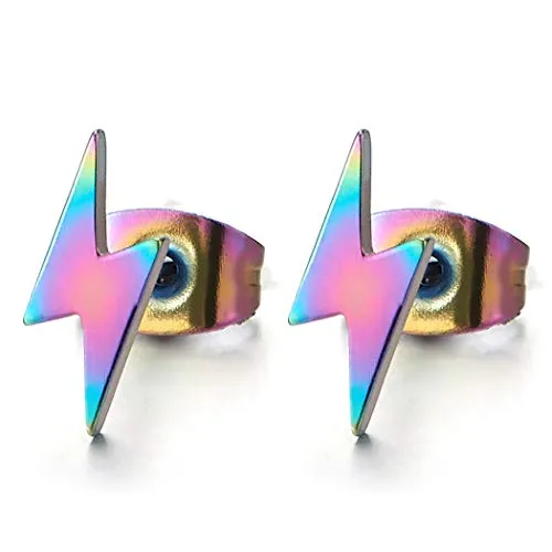 Stainless Steel Rainbow Oxidized Lightning Bolt Stud Earrings for Men and Women, 1 Pair