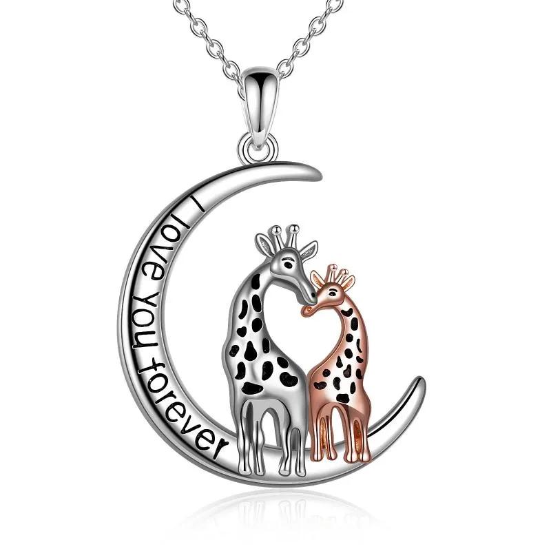 Sterling Silver Gifts for Mom Giraffe Necklace Moon Pendant Mother Jewelry