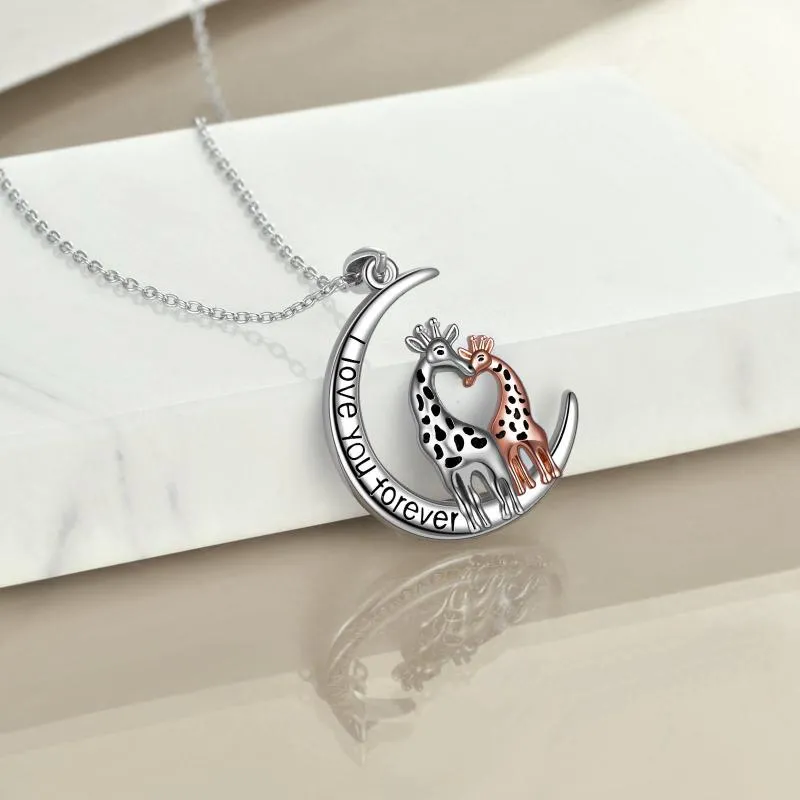 Sterling Silver Gifts for Mom Giraffe Necklace Moon Pendant Mother Jewelry