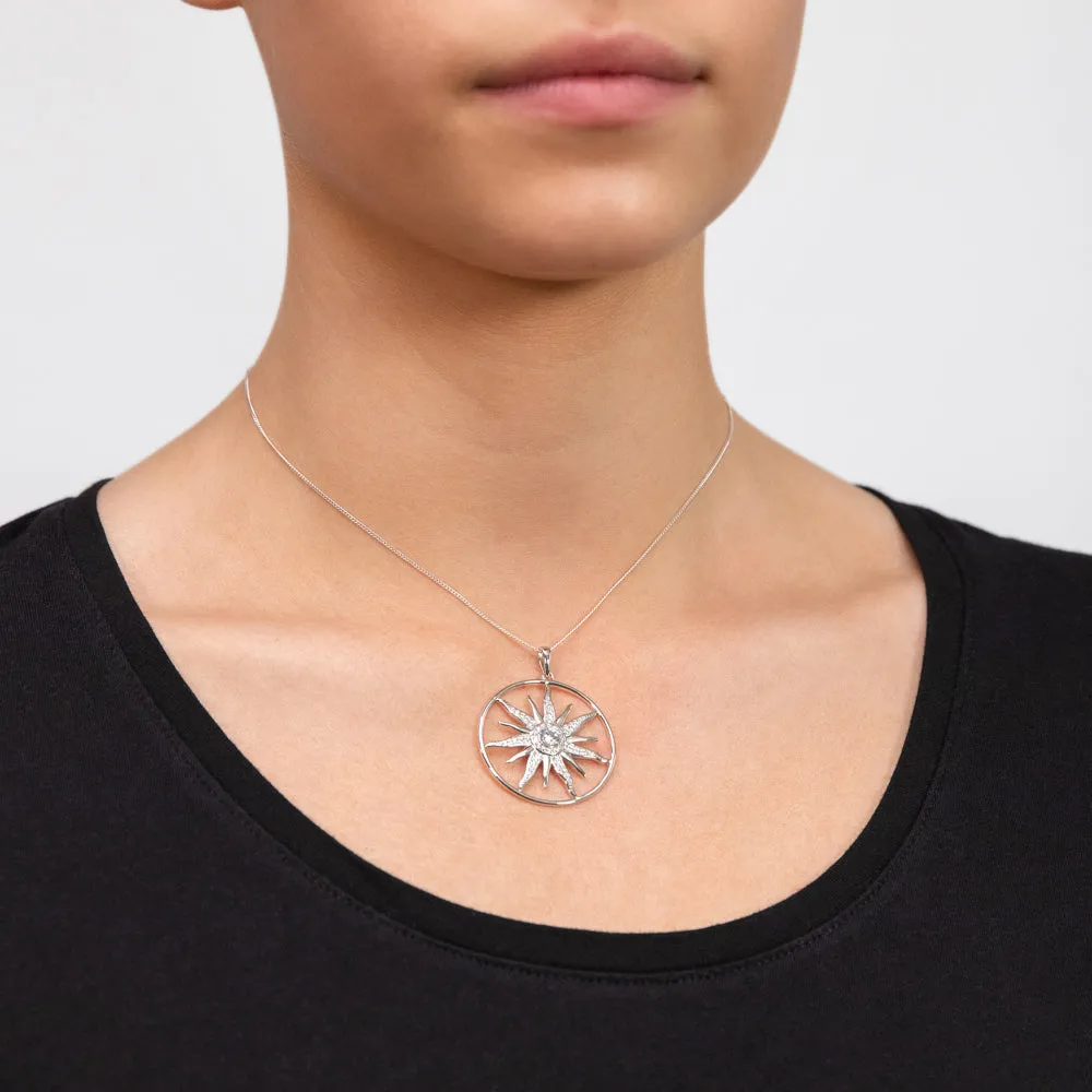 Sterling Silver Sun Circle With Cubic Zirconia Pendant