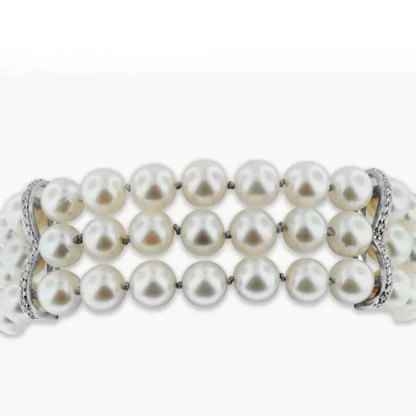 Triple strand Akoya pearl bracelet with custom diamond clasp