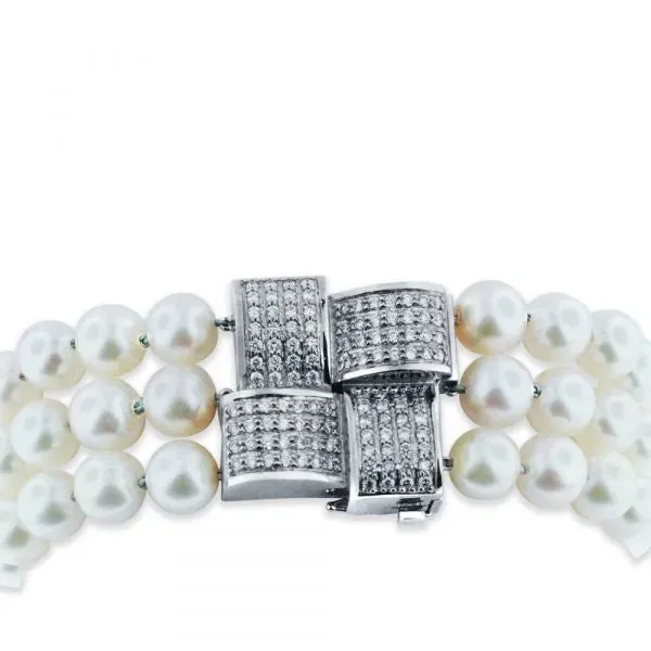 Triple strand Akoya pearl bracelet with custom diamond clasp