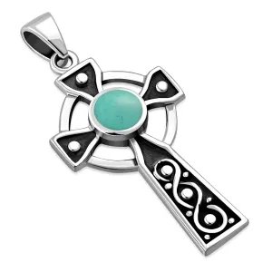 Turquoise Celtic Infinity Knot Cross Silver Pendant