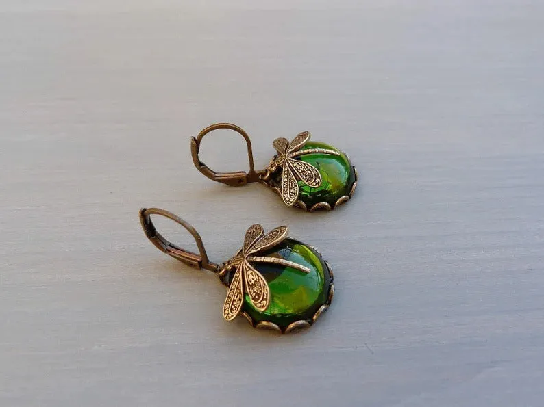 Vintage Elegant Dragonfly Olive Green Hoop Earrings JLT12777