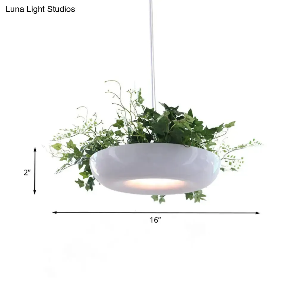 Warehouse Donut Pendant Light in White with Green Vine Deco - Metallic Suspension Lighting