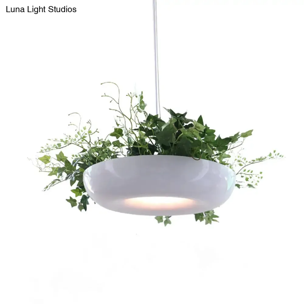 Warehouse Donut Pendant Light in White with Green Vine Deco - Metallic Suspension Lighting