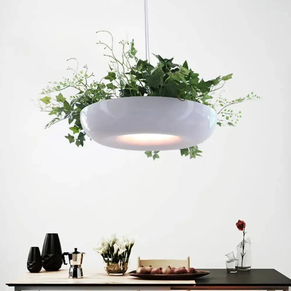 Warehouse Donut Pendant Light in White with Green Vine Deco - Metallic Suspension Lighting