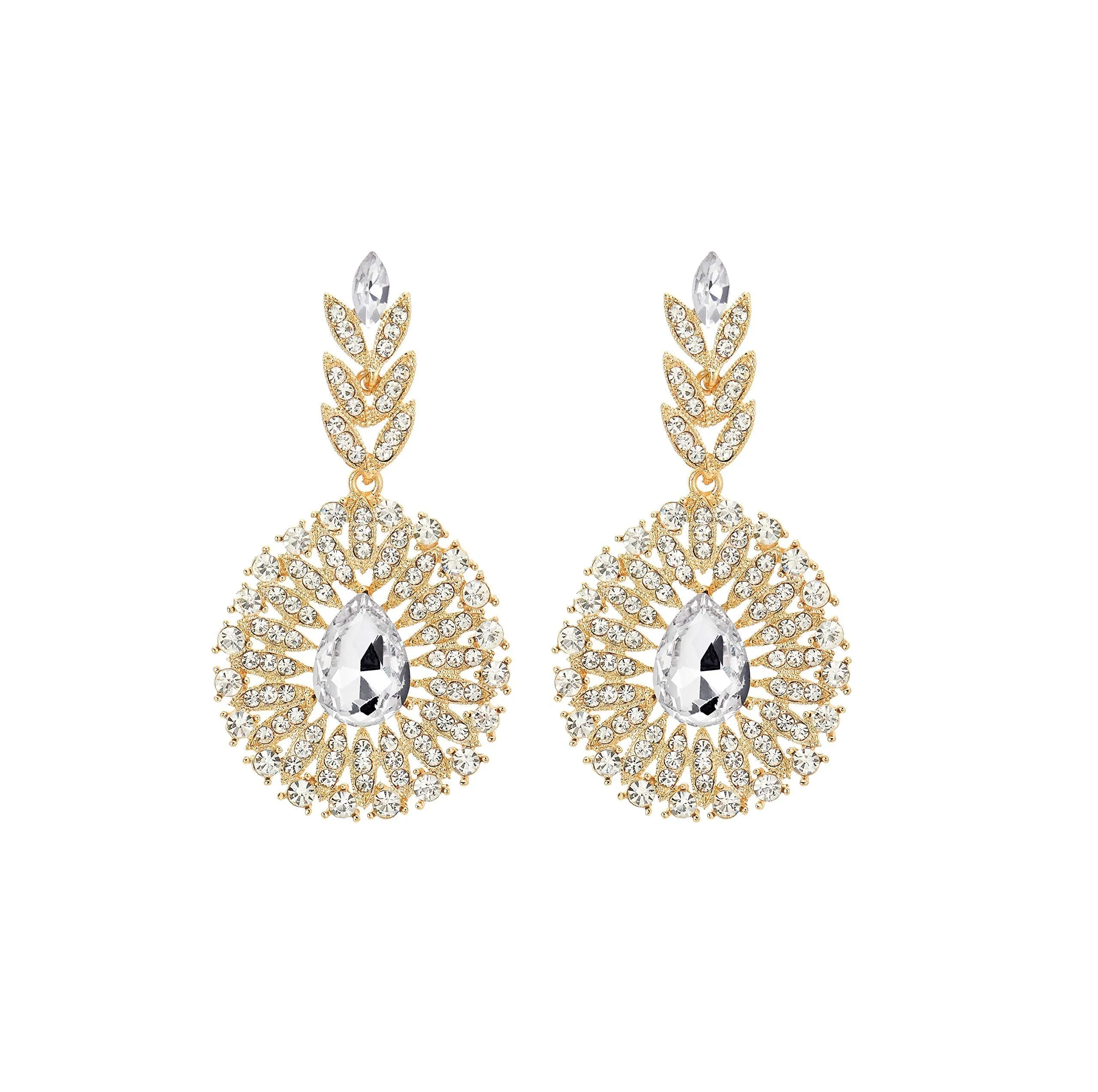 Wedding, Crystal Rhinestone Cluster Flower Leaf Chandelier Teardrop Gold Large Statement Earring