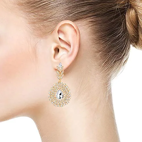 Wedding, Crystal Rhinestone Cluster Flower Leaf Chandelier Teardrop Gold Large Statement Earring