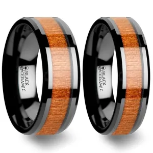 Zaire Black Ceramic Wedding Band Set With Black Cherry Wood Inlaid - 6mm - 10mm